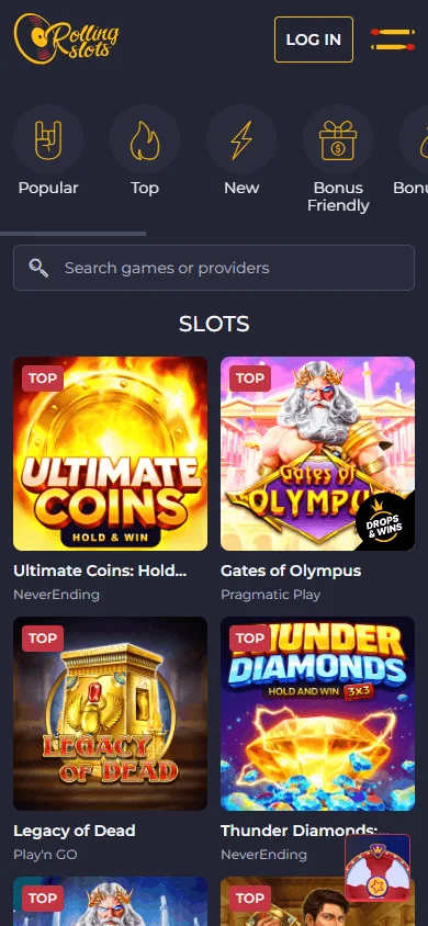 Rolling Slots Casino mobile games catalogue on a smartphone