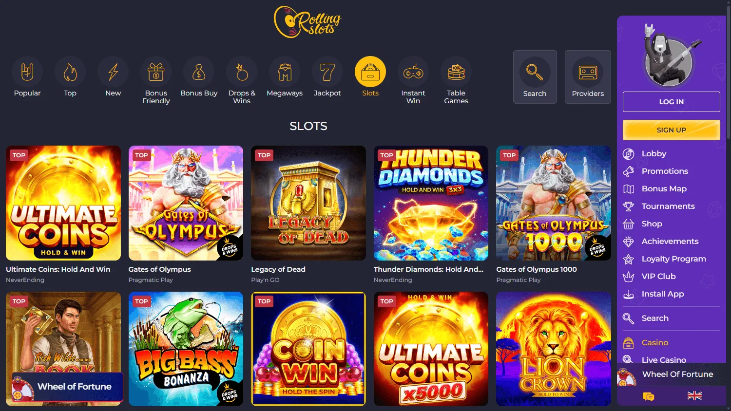 Rolling Slots Casino desktop games catalogue with multiple casino categories