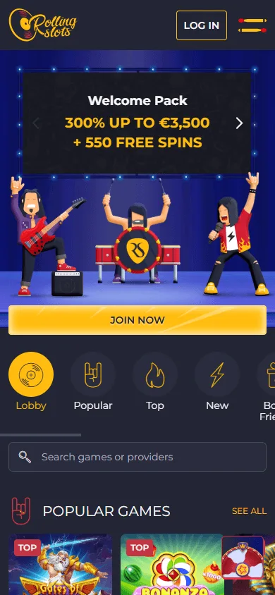Rolling Slots Casino mobile lobby on a smartphone