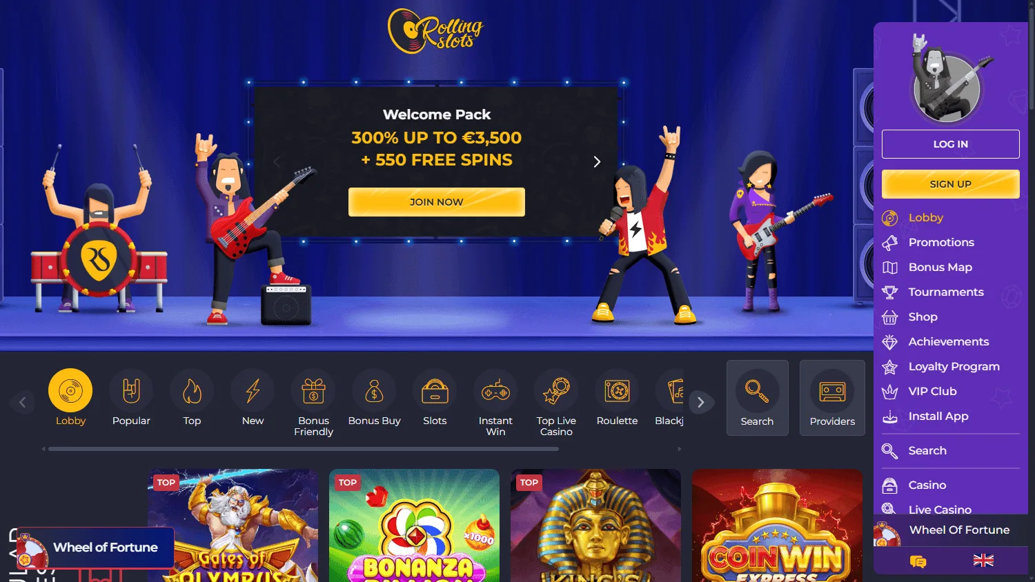 Rolling Slots Casino desktop lobby with casino game categories
