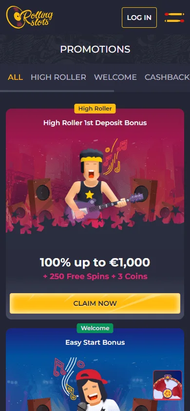 Rolling Slots Casino mobile promotions area